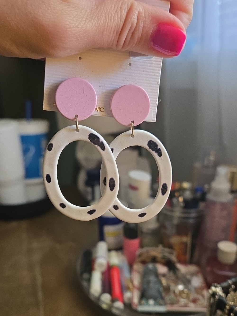 Pink and White Dalmatian Hoop Earrings - Women's Fashion Jewelry